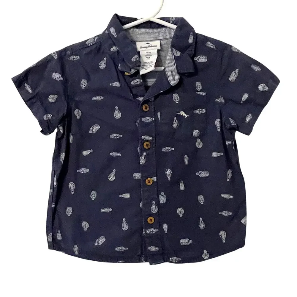 Tommy Bahama Nautical Button Shirt Boys Size 3T Blue Coastal Ship in Bottle
